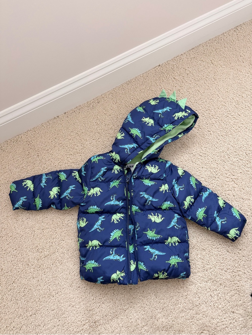 Old Navy Boys Navy Dinosaur Puffer Jacket with Green Accents
